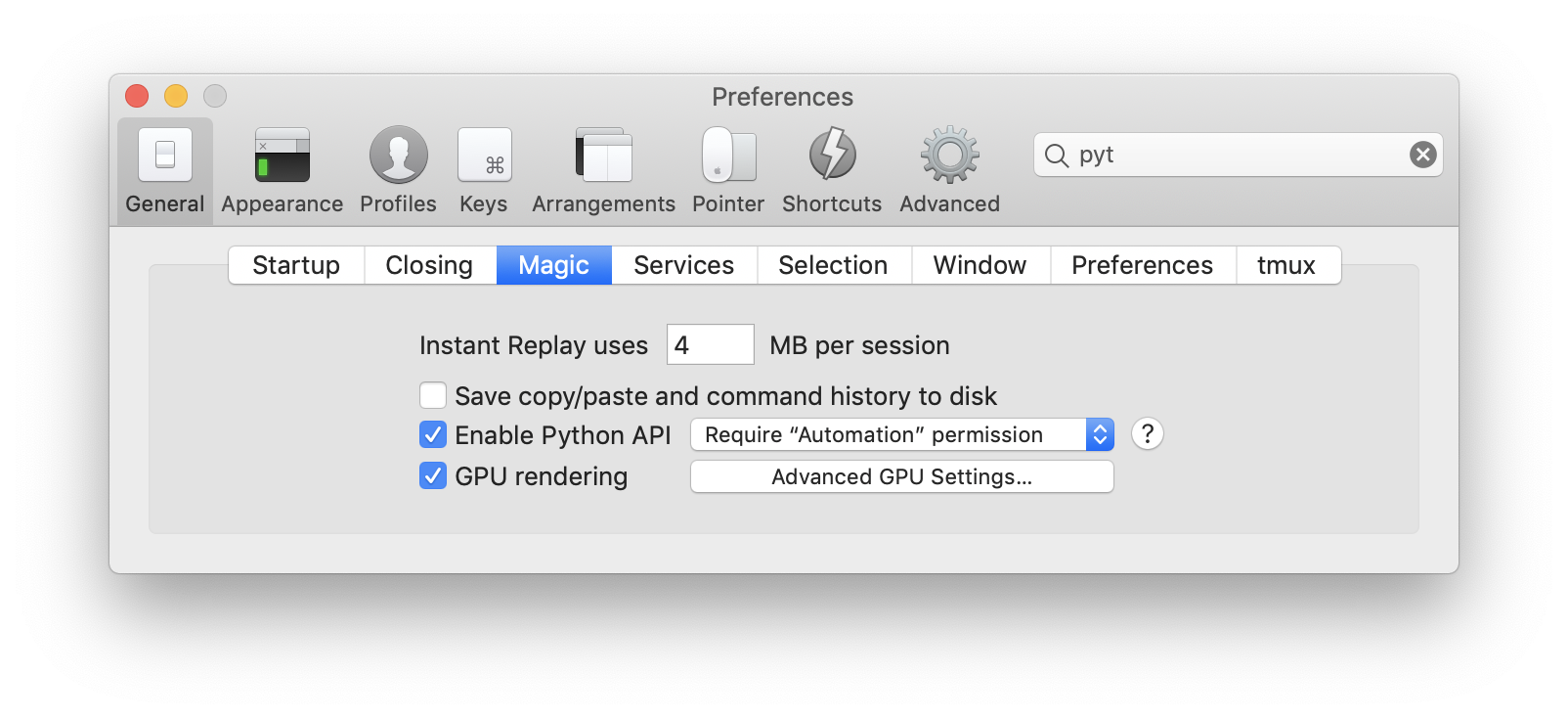 iTerm2 Python API preferences screen