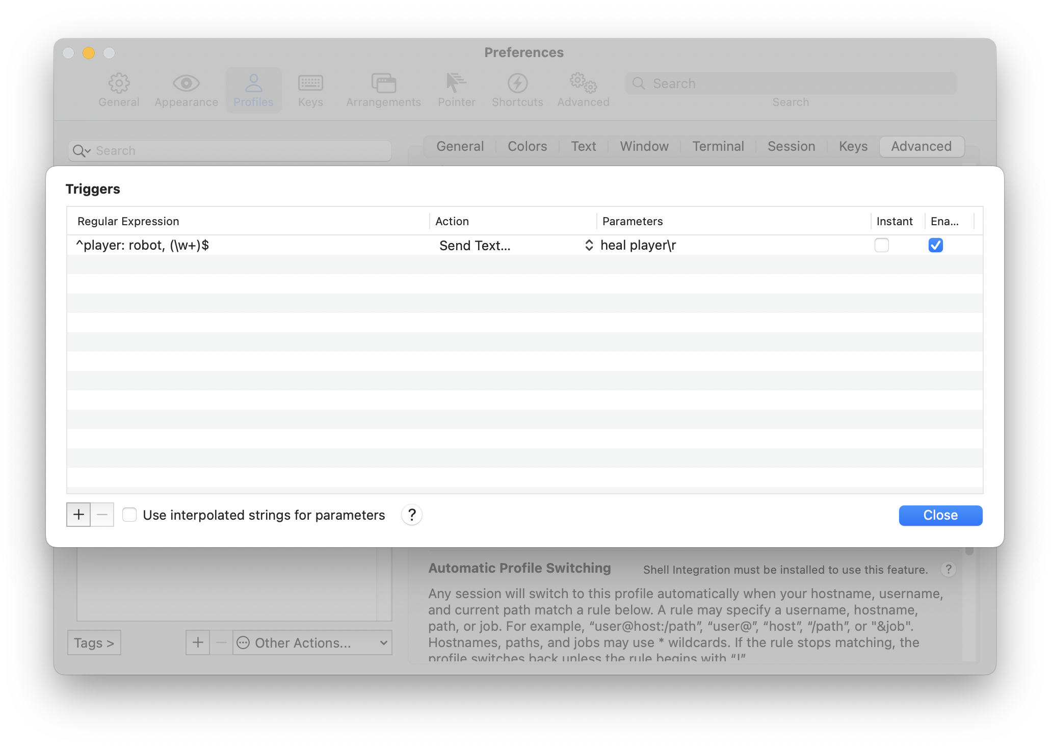 Screen shot showing iTerm2 trigger configuration